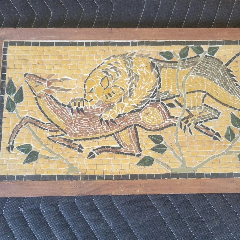Vtg Mosaic Tile Lion And Prey Wooden Framed Wall Hanging Picture Scene